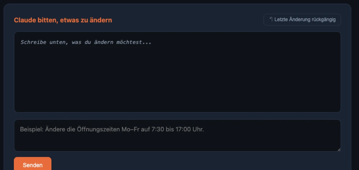 Der KI-Editor der Bauunternehmung Geratz: Eingabefeld mit dem Beispielsatz „Ändere die Öffnungszeiten Mo–Fr auf 7:30 bis 17:00 Uhr“ und Senden-Schaltfläche