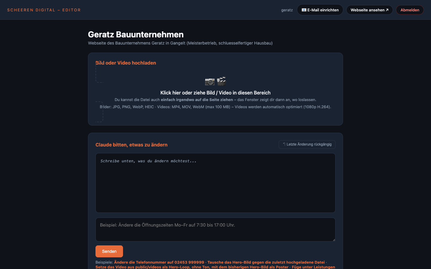 Live-Beispiel: KI-Editor von Bauunternehmung Geratz – Texte, Bilder und Inhalte per Chat ändern